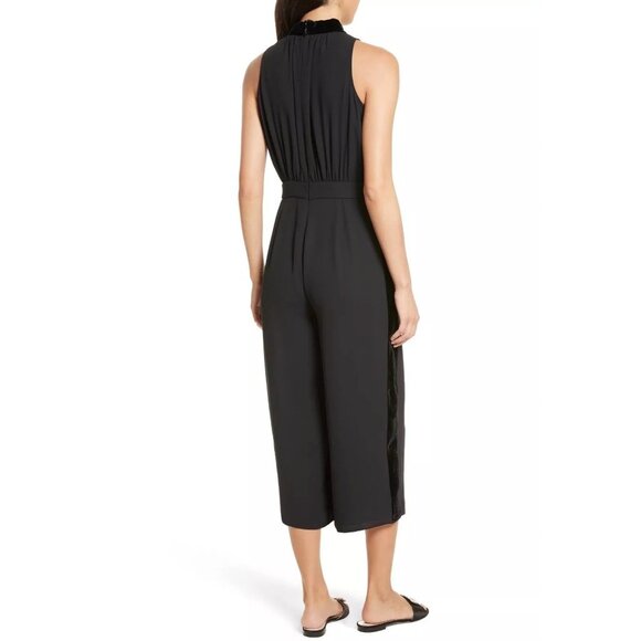 Kate Spade Black Tie Neck Jumpsuit, Cropped Wide Leg with Velvet Trim, sz 6 - Picture 7 of 9